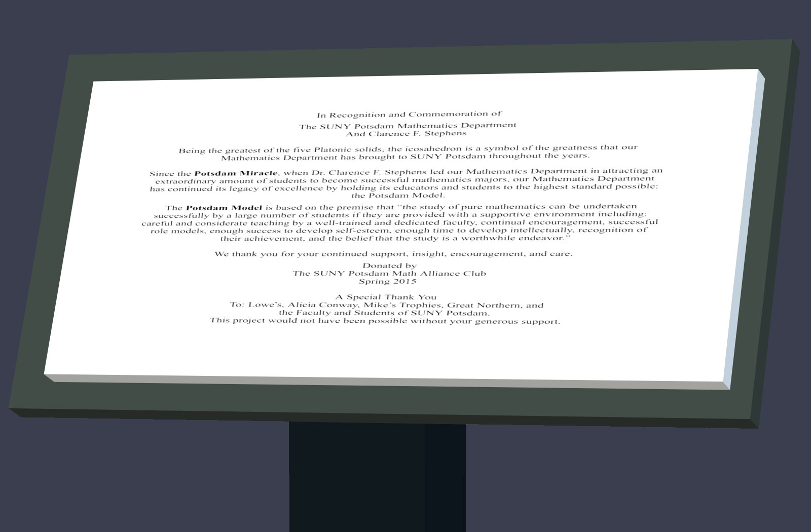 The donation plaque that narrates the journey and inspiration behind the icosahedron sculpture